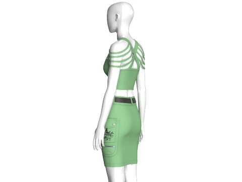 Girls Shoulder Strap Crop Top With Cargo Skirt 3D Model