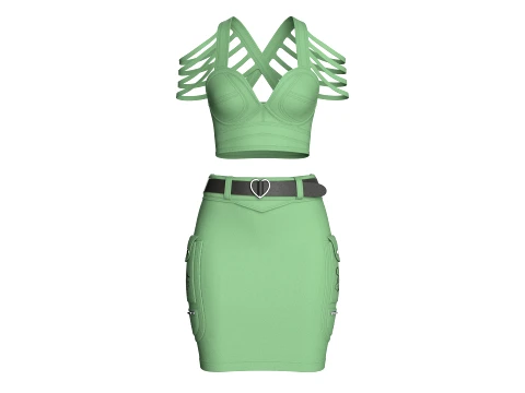 Girls Shoulder Strap Crop Top With Cargo Skirt 3D Model