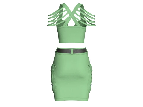 Girls Shoulder Strap Crop Top With Cargo Skirt 3D Model