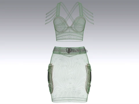 Girls Shoulder Strap Crop Top With Cargo Skirt 3D Model