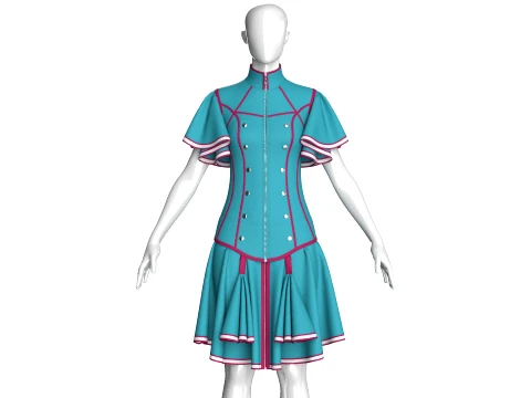 Girls Ruffle Sleeve Full-Zip Dress With Piping Model 3D