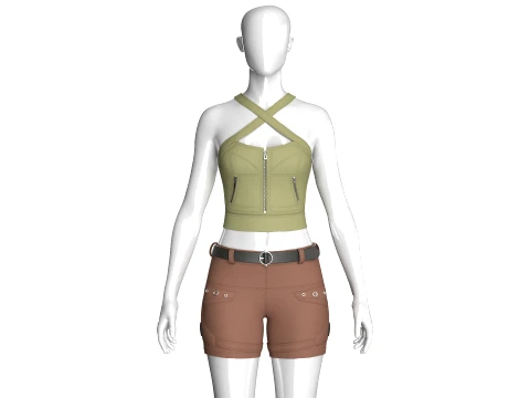 Girls Cross-Strap Crop Top With Cargo Shorts 3D Model