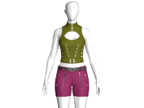 Girls Keyhole Lace-Up Crop Top With Utility Shorts 3D Model