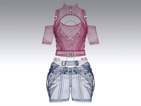Girls Tactical Keyhole Crop Top With Shorts 3D Model