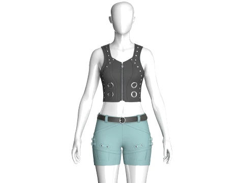 Girls Button-Detail Crop Top With Utility Shorts 3D Model
