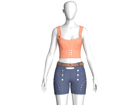 Girls Crop Top With Snap-Placket Utility Shorts Modello 3D