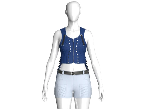 Girls Tactical Zip Up Crop Top With Shorts - Outfit 3D Модель