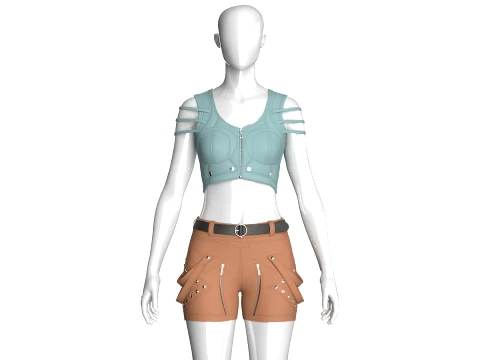 Girls Zip-Up Tactical Crop Top With Utility Shorts 3D 模型