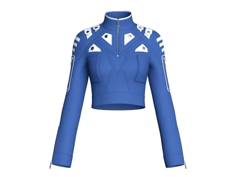 Girls High Neck Half-Zip Crop Tactical Jacket 3D Model