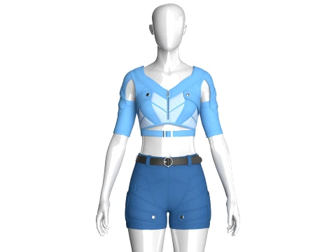 Girls Cutout-Sleeve Crop Top With Utility Shorts 3D Model