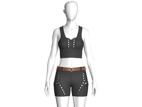 Girls Tactical Crop Top With Shorts - Outfit Model 3D