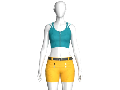 Girls Zip Crop Top With Belted Shorts - Outfit Model 3D