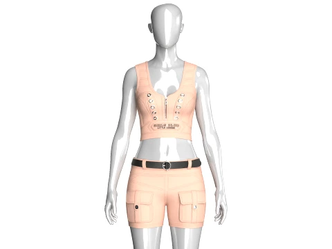 Girls Eyelet Detail Half Zip Crop Top With Cargo Shorts 3D Model