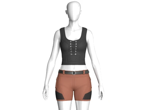 Girls Lace-Up Scoop Neck Crop Top With Shorts 3D Model