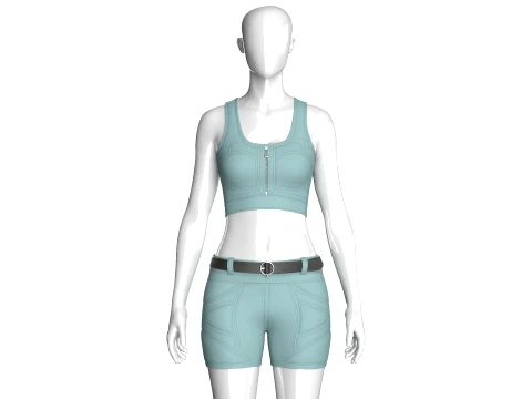 Girls Scoop Neck Zip Crop Top With Panel Shorts 3D Model