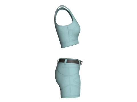 Girls Scoop Neck Zip Crop Top With Panel Shorts 3D Model