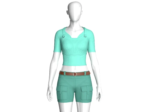 Girls Short Sleeve Crop Top With Flap Pocket Shorts 3D Model