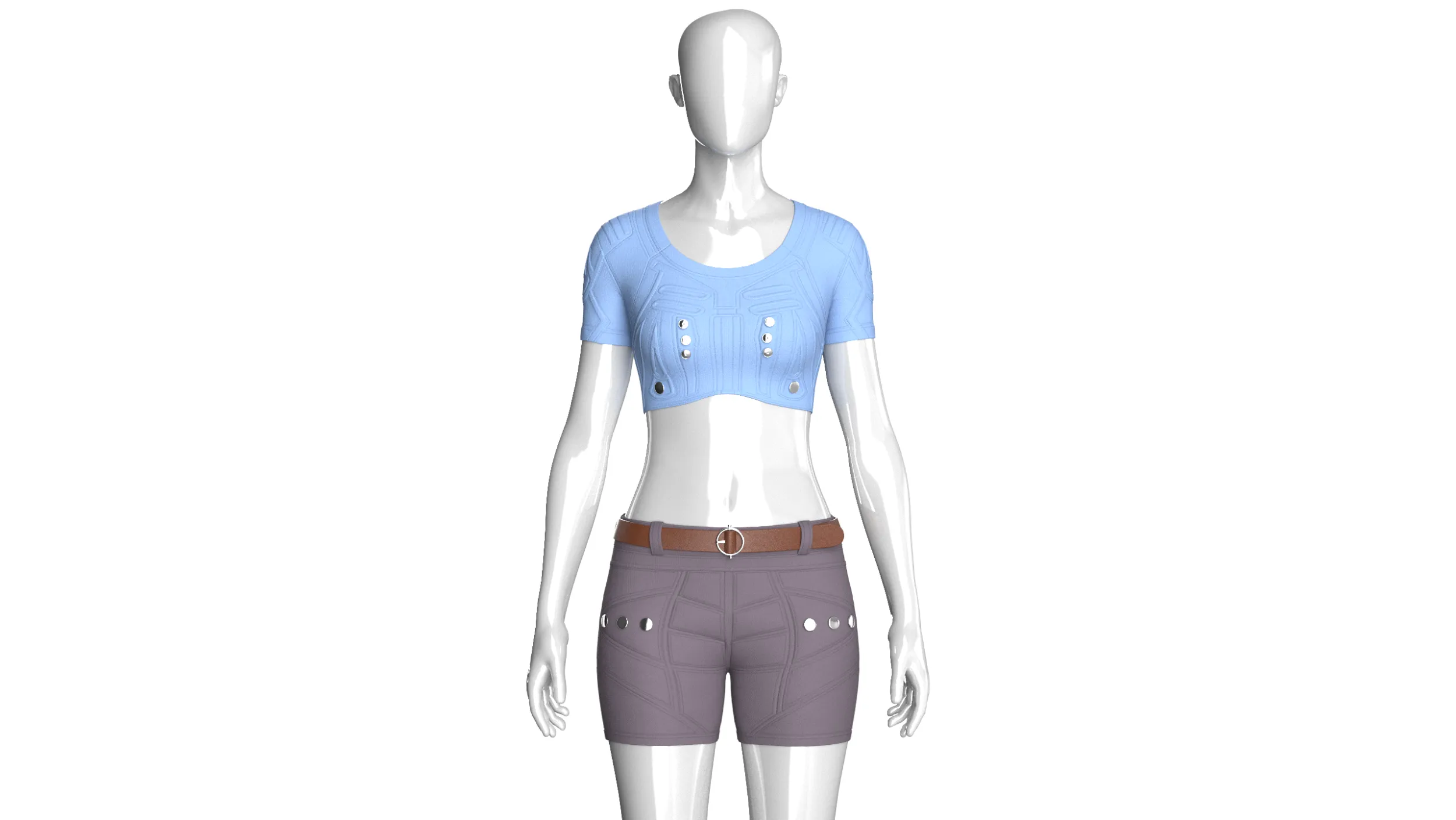 Girls Snap Button Short Sleeve Crop Top With Shorts 3D Model .c4d .max .obj .3ds .fbx .stl .blend