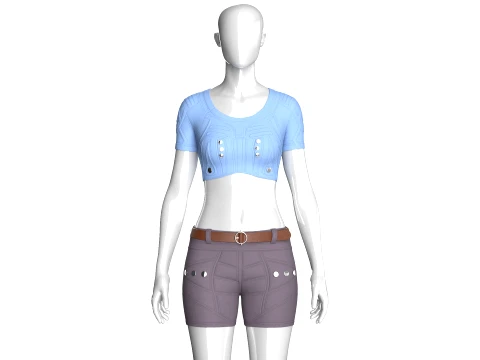 Girls Snap Button Short Sleeve Crop Top With Shorts 3D Model