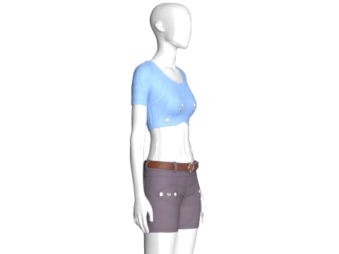 Girls Snap Button Short Sleeve Crop Top With Shorts 3D Model