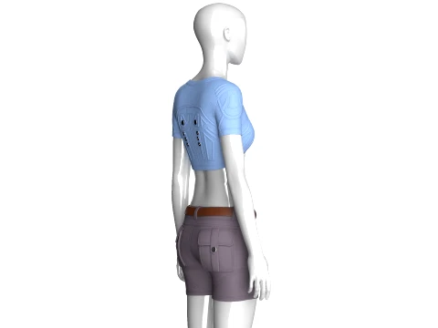 Girls Snap Button Short Sleeve Crop Top With Shorts 3D Model