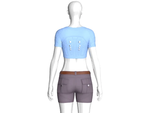 Girls Snap Button Short Sleeve Crop Top With Shorts 3D Model