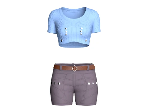 Girls Snap Button Short Sleeve Crop Top With Shorts 3D Model