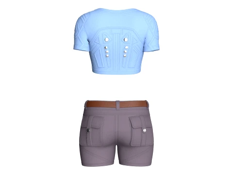 Girls Snap Button Short Sleeve Crop Top With Shorts 3D Model