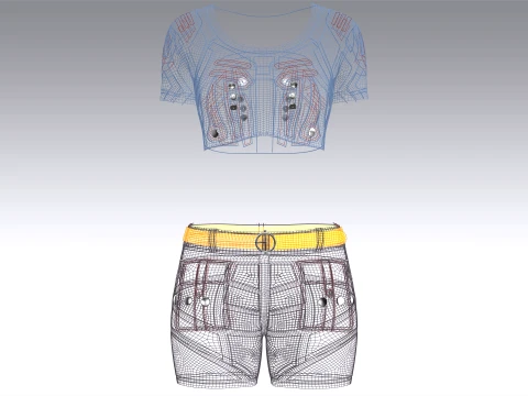 Girls Snap Button Short Sleeve Crop Top With Shorts 3D Model