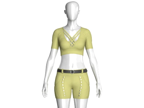 Girls Tactical Criss Cross Strap Crop Top With Shorts 3D Model