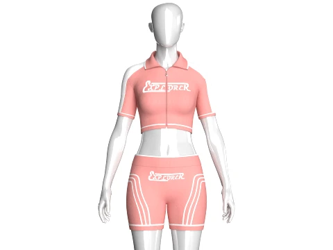 Girls Short Sleeve Half-Zip Crop Top With Shorts 3D Model