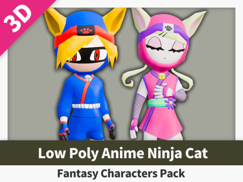 낮은 폴리 애니메이션 닌자 고양이 - 판타지 캐릭터 팩 3D 모델
