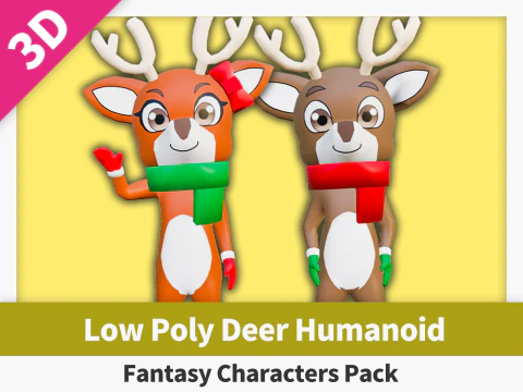 Низкополигональный олень-гуманоид - набор фэнтезийных персонажей 3D Модель