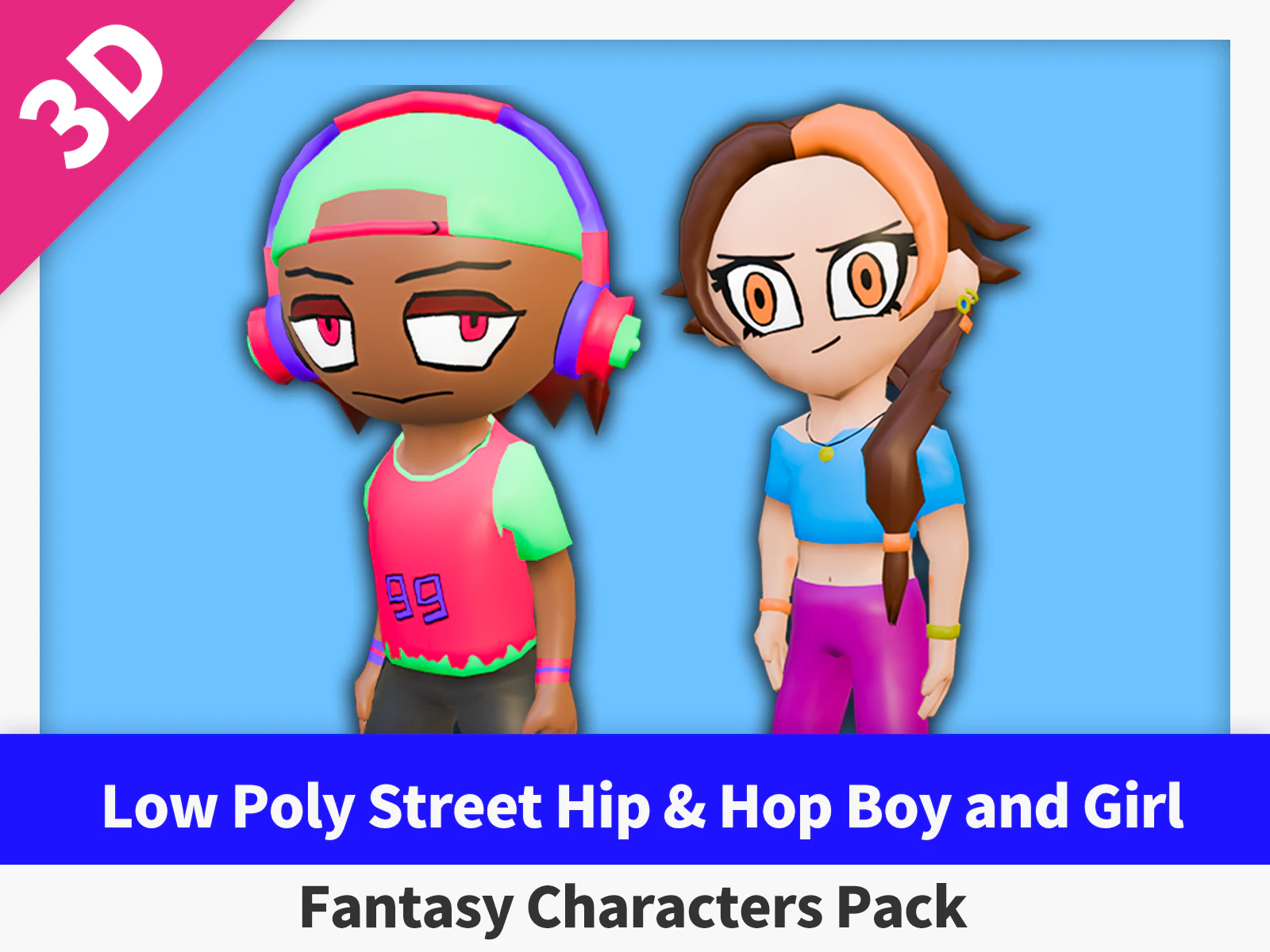 Low Poly Street Hip Hop Boy and Girl - Fantasy Characters Pack 3D Model .c4d .max .obj .3ds .fbx .stl .blend 