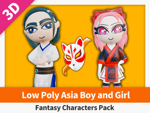 Low Poly Asia Boy and Girl - Fantasy Characters Pack Modello 3D