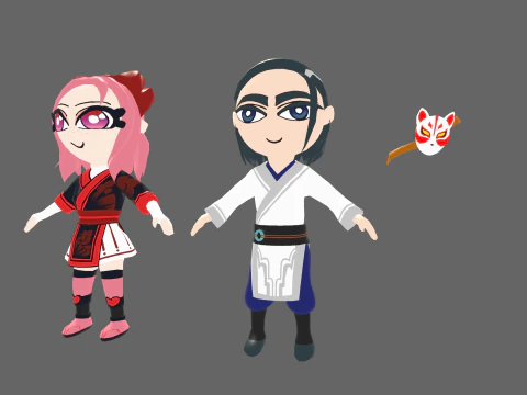 Low Poly Asia Boy and Girl - Fantasy Characters Pack 3D Model
