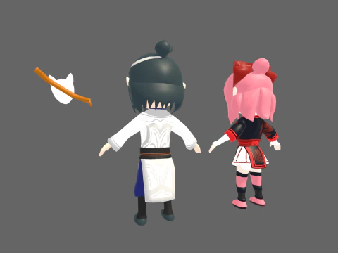 Low Poly Asia Boy and Girl - Fantasy Characters Pack 3D Model