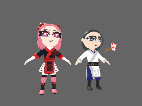 Low Poly Asia Boy and Girl - Fantasy Characters Pack 3D Model