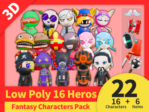 Low Poly 16 Heros - Fantasy Characters Pack 3D Model