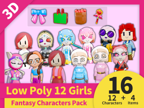 Low Poly 12 Girls - Fantasy Characters Pack 3D Model