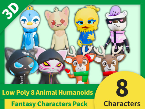 Low Poly 8 Animal Humanoids - Fantasy Characters Pack Modello 3D