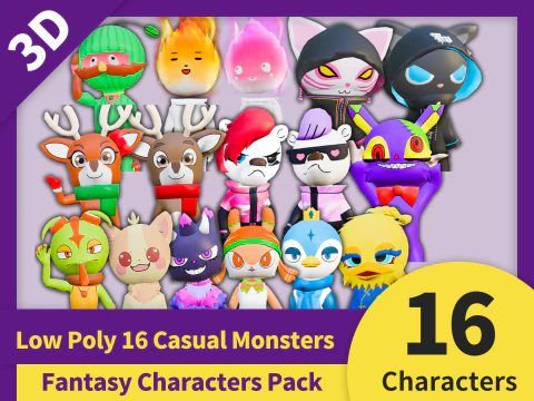 ローポリ 16 カジュアル モンスター - ファンタジー キャラクター パック 3Dモデル