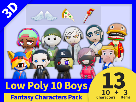 Low Poly 10 Boys - Fantasy Characters Pack Modelo 3D