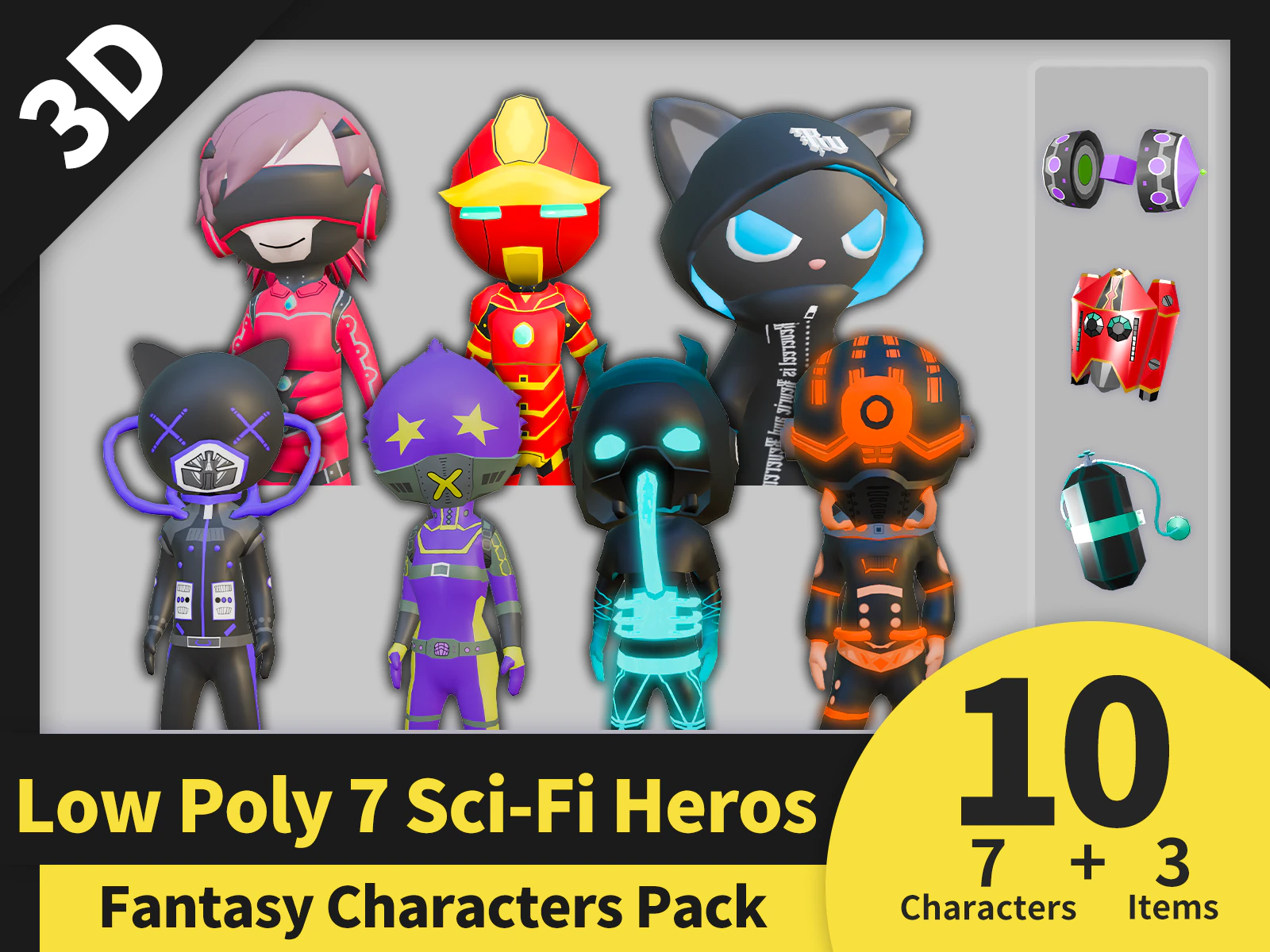 Low Poly 7 Sci-Fi Heros - Fantasy Characters Pack 3D Model .c4d .max .obj .3ds .fbx .stl .blend 