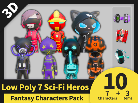 Low Poly 7 Sci-Fi Heros - Fantasy Characters Pack 3D Model