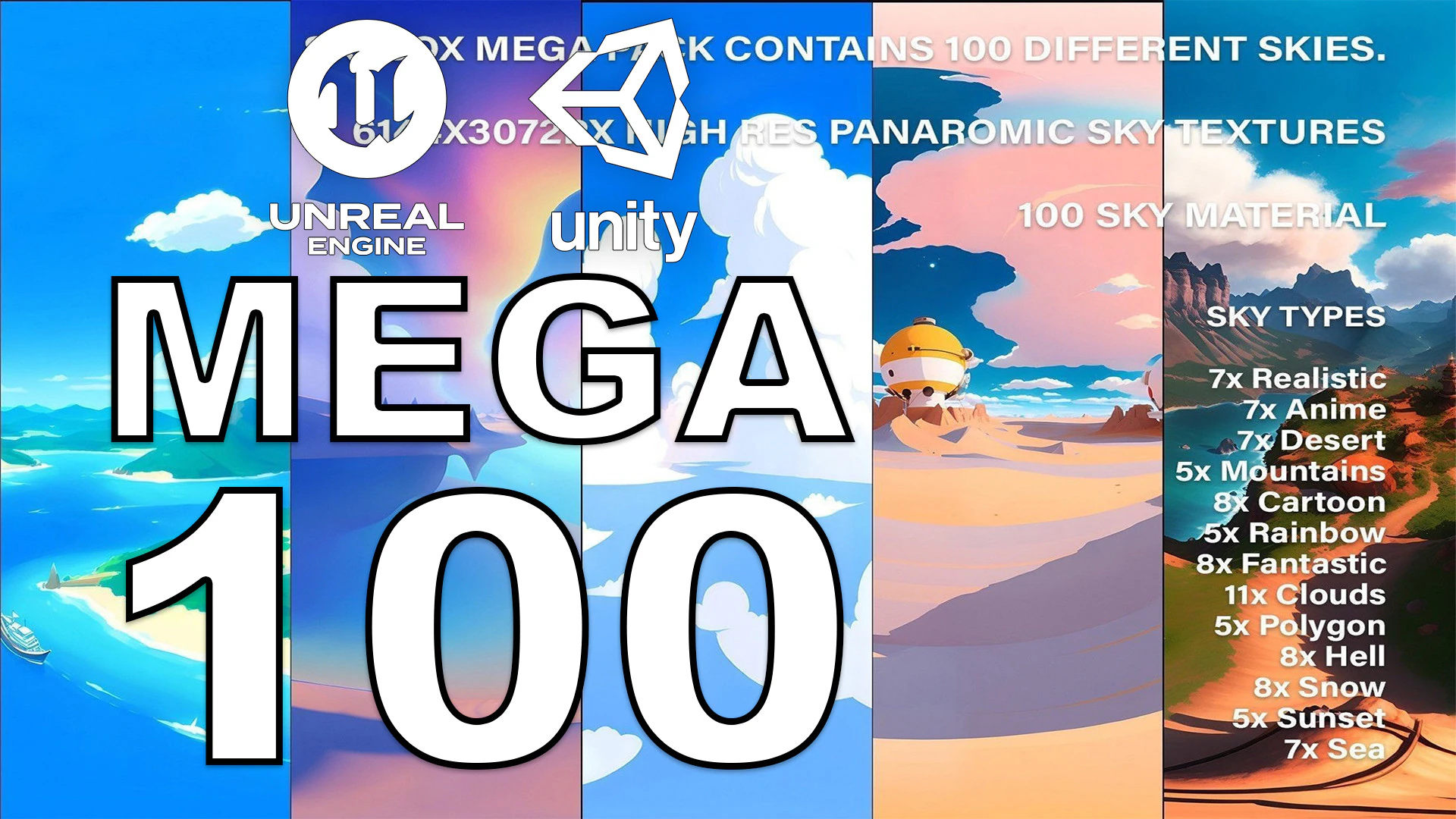 Skybox MEGA 100 Pack hdr hdri Skies sky Cartoon Stylize Landscape Clouds Panorama Unity Unreal CG Textures .c4d .max .obj .3ds .fbx .stl .blend