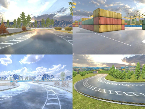 Unity3D 4 맵을 위한 레이싱 로드 트랙 팩 모듈형 모바일 지원 3D 모델