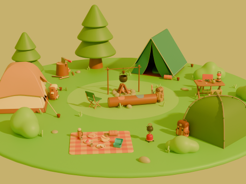 Low Poly Stylized Cartoon Camping Pack 3D Модель