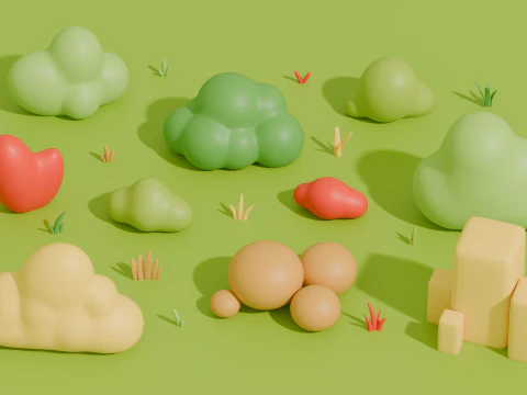 Herbe et buissons de dessin anim&eacute; stylis&eacute;s Modèle 3D