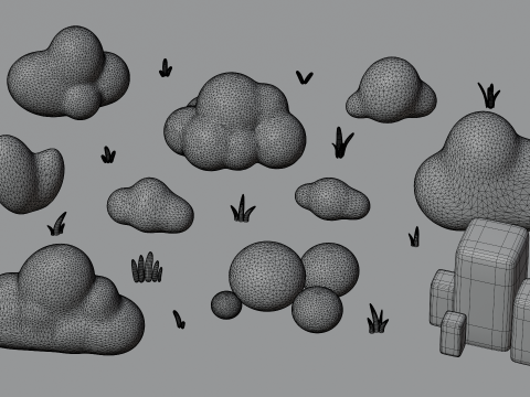 Stylized Cartoon Grass and Bushes 3D Модель